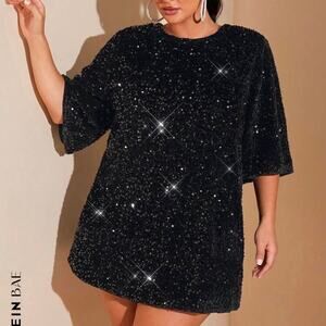 SHEIN BAE Plus Size Fall Sexy Elegant Woman Black Velvet Sequin Dress Size: 0XL